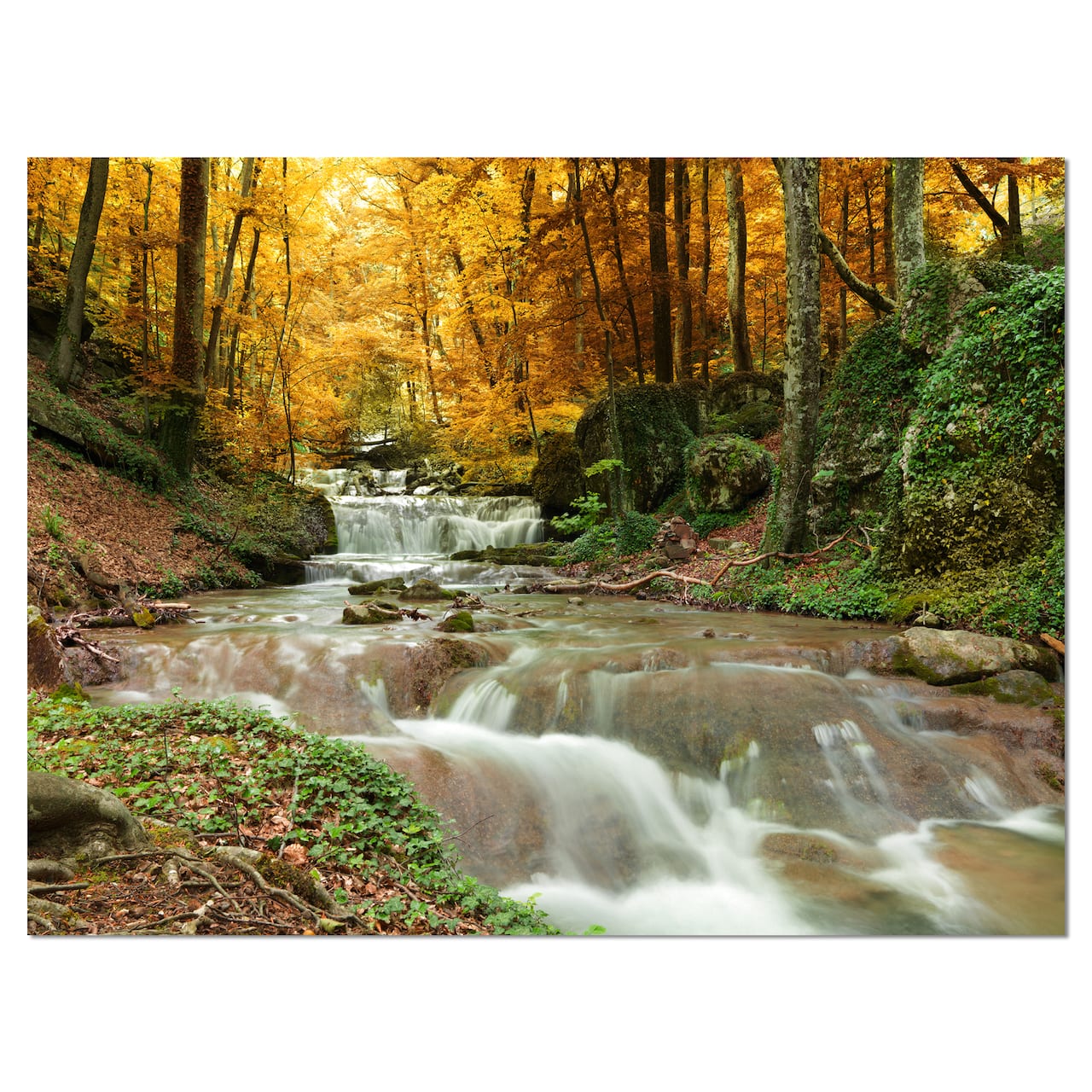 Designart - Forest Waterfall with Yellow Trees - Large Landscape Canvas Art Print